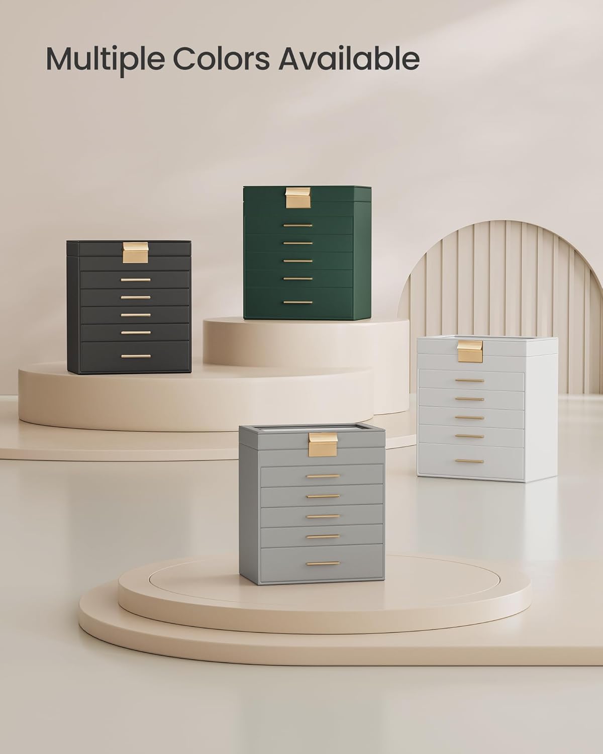 SONGMICS Jewelry Box Organizer with Glass Lid, 6-Layer Jewelry Storage, with 5 Drawers, Modern Style, Christmas Gift, 6.4 x 9.9 x 11.4 Inches, Dove Gray and Gold Color UJBC171G01