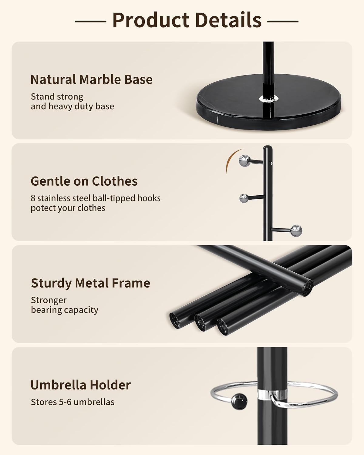 ZOZOE Metal Coat Rack Stand, Modern Coat Rack Freestanding with Natural Marble Base, Sturdy Industrial Coat Racks with 8 Hooks & Umbrella Holder,Black Coat Tree Hanger Stand for Entryway,Office