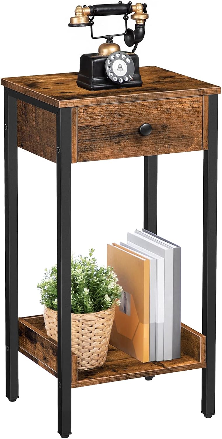 HOOBRO Tall End Table, Nightstand, Industrial Side Table with Drawer and Stor...