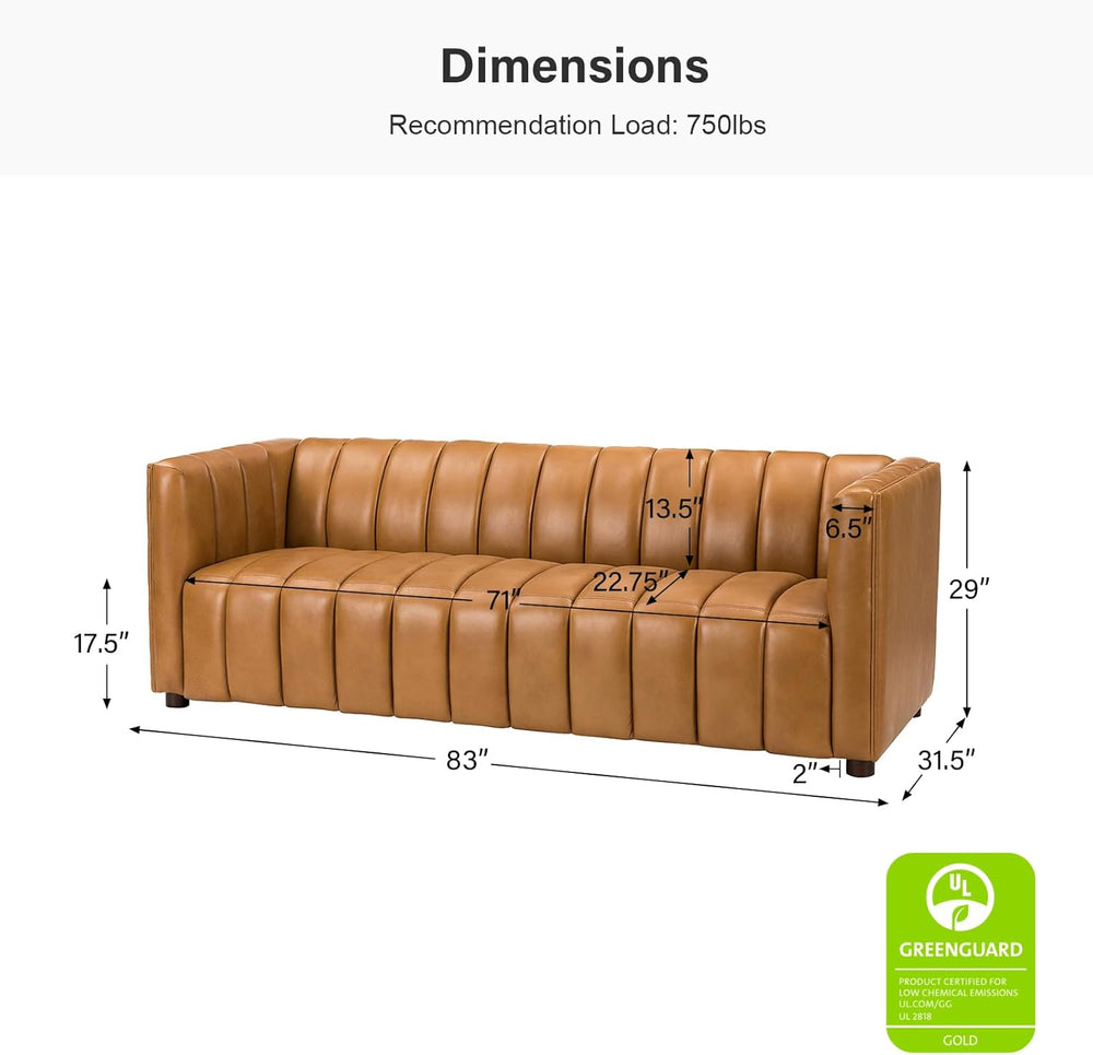 HULALA HOME 83" Genuine Leather Sofa with Channel Tufted Design, Camel