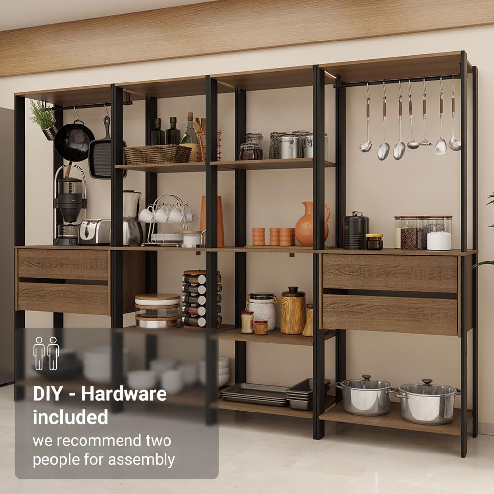 Madesa Kitchen Pantry Storage Rack with 4 Drawers, Open Shelves and Hanging S...