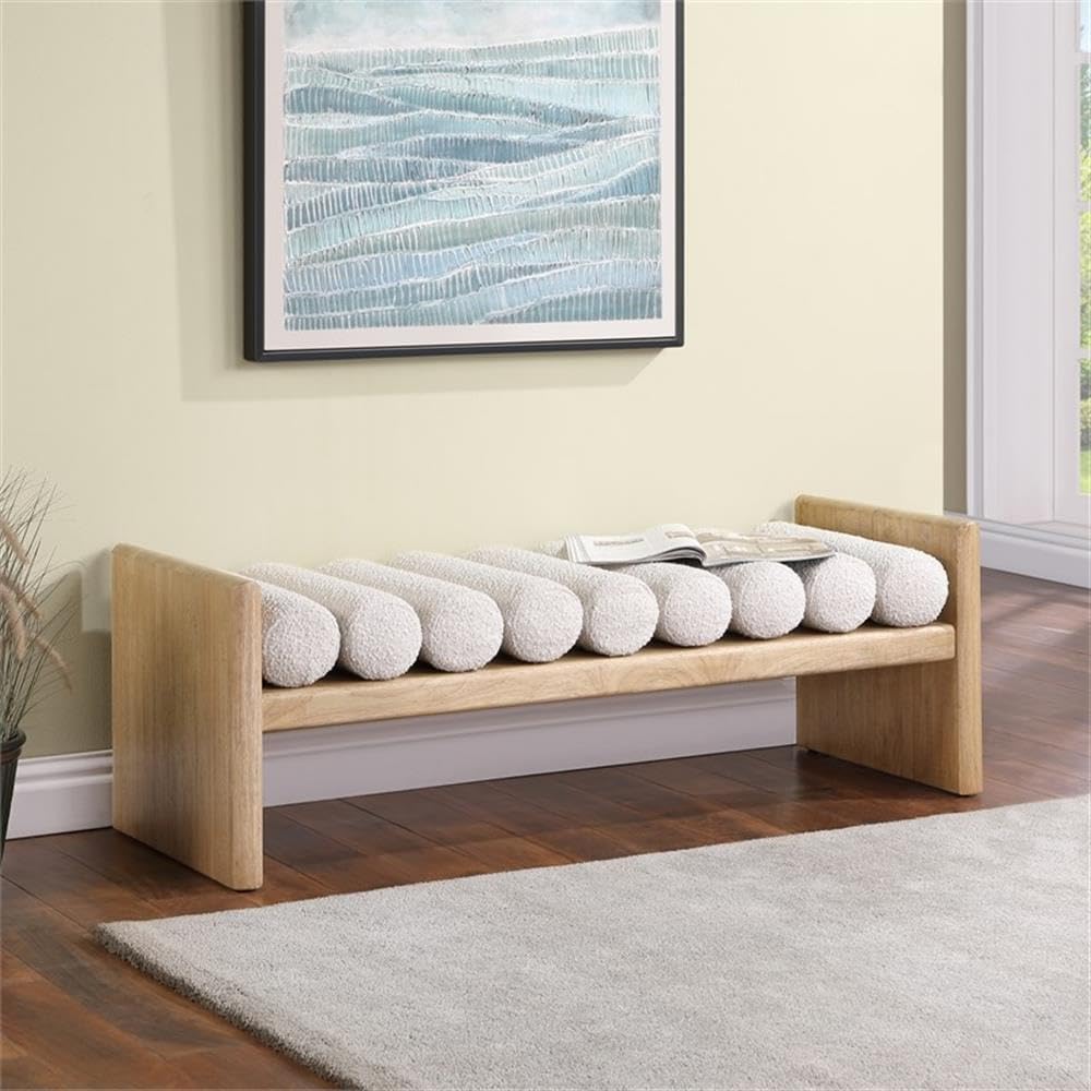 MAKLAINE Set of 2 Contemporary Natural Wood Bench with Cream Fabric Cushions
