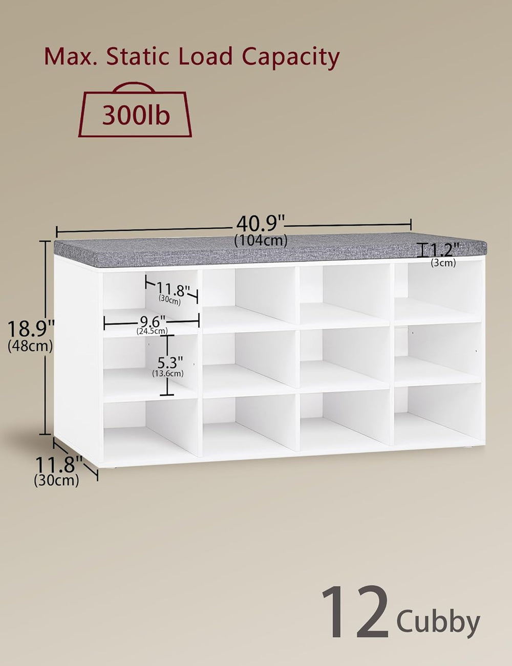 DINZI LVJ Shoe Storage Bench with Cushion, Cubby Shoe Rack with 12 Cubbies, A...