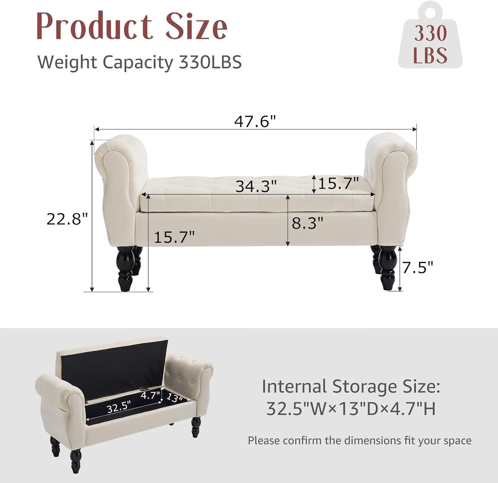 47.6" Storage Bench for End of Bed Bedroom, Velvet Ottoman Bench with Ar...