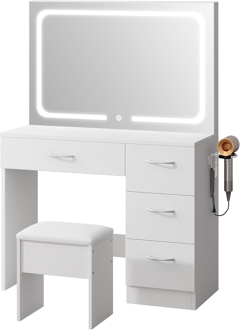LIVELYGLOW 35.4" White Vanity Desk Set with Full-Width LED Mirror & ...