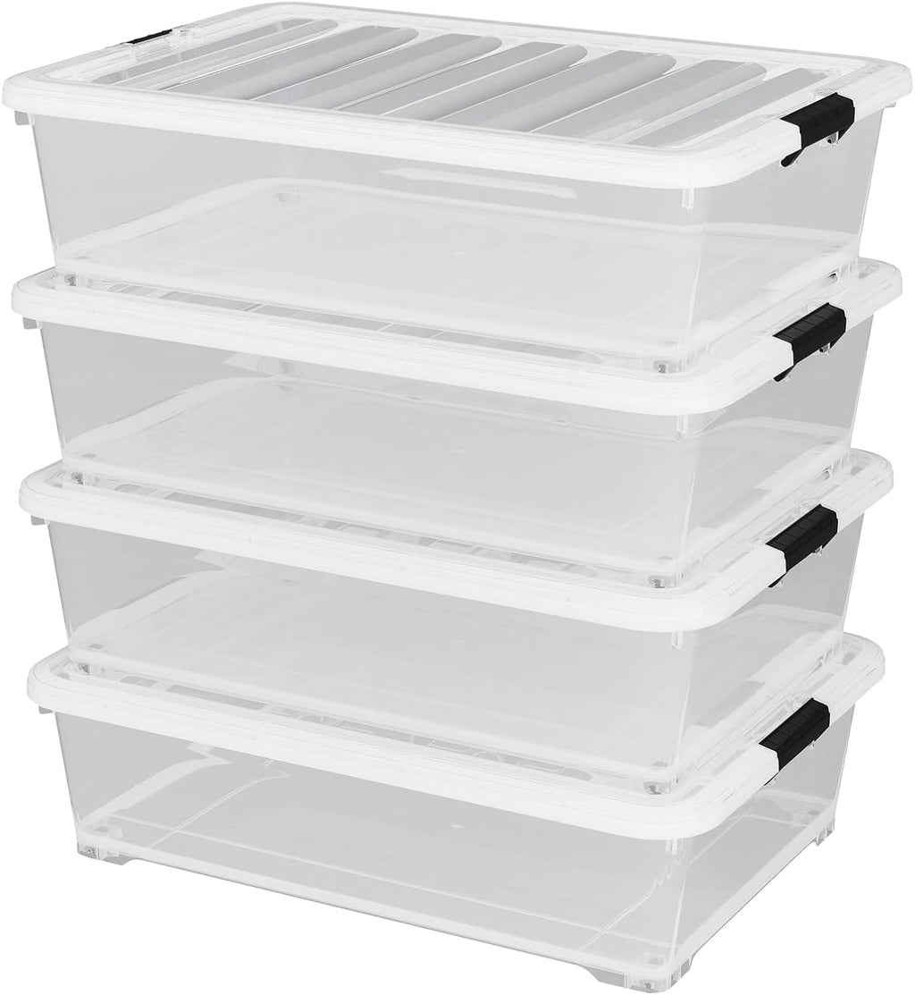 50 Quart Plastic Under Bed Storage Container, 4-Pack Large Clear Latching Storage Box with Wheels