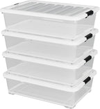 50 Quart Plastic Under Bed Storage Container, 4-Pack Large Clear Latching Storage Box with Wheels