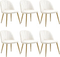 Velvet Dining Chairs Set of 6, Mid-Century Modern Upholstered Kitchen Chair with Metal Gold Legs for Living Room, Dining Room, White