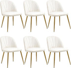 Velvet Dining Chairs Set of 6, Mid-Century Modern Upholstered Kitchen Chair with Metal Gold Legs for Living Room, Dining Room, White