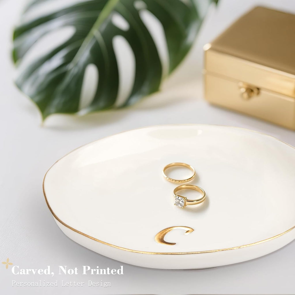 Initials Ring Dish Jewery Tray Ceramic Jewelry Tray Engagement Wedding Gifts for Friends,Sister,Birthday for Women, 4.75"