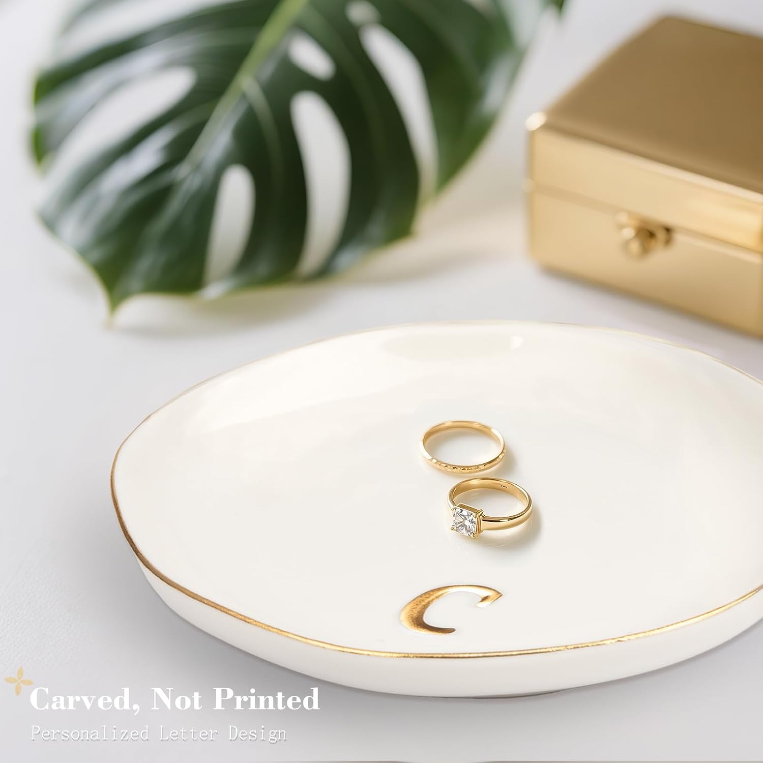 Initials Ring Dish Jewery Tray Ceramic Jewelry Tray Engagement Wedding Gifts for Friends,Sister,Birthday for Women, 4.75"