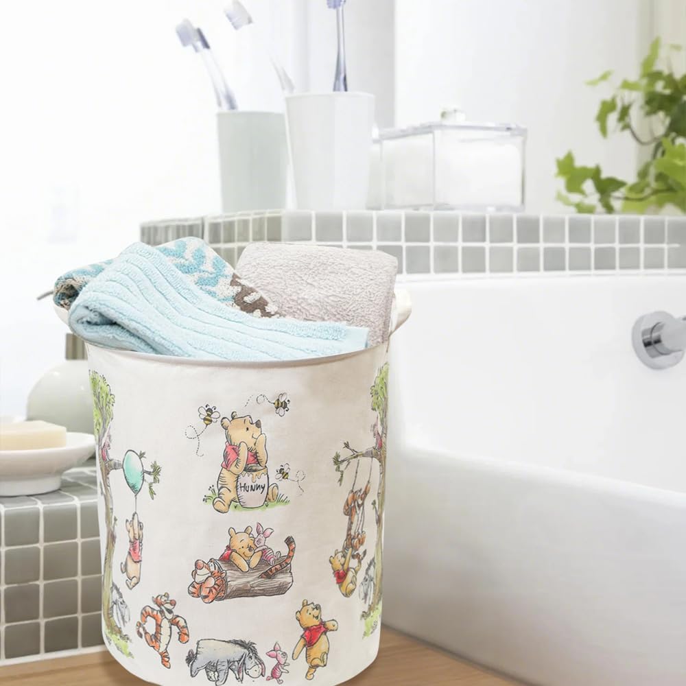 Oval Cute Bear Nursery Storage Basket With A Waterproof PE Coating, Foldable Large Canvas Laundry Hamper, Barrel Shaped Decorative Storage Baskets Suitable For Bathroom and Bedroom (White)