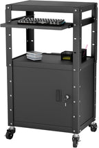 Mobile AV Cart with Cabinet, Rolling Computer Cart Height Adjustable Rolling Media Utility Cart with Extra Storage Space, 4 Outlets, Pullout Keyboard Tray Perfect for Home or Office Use