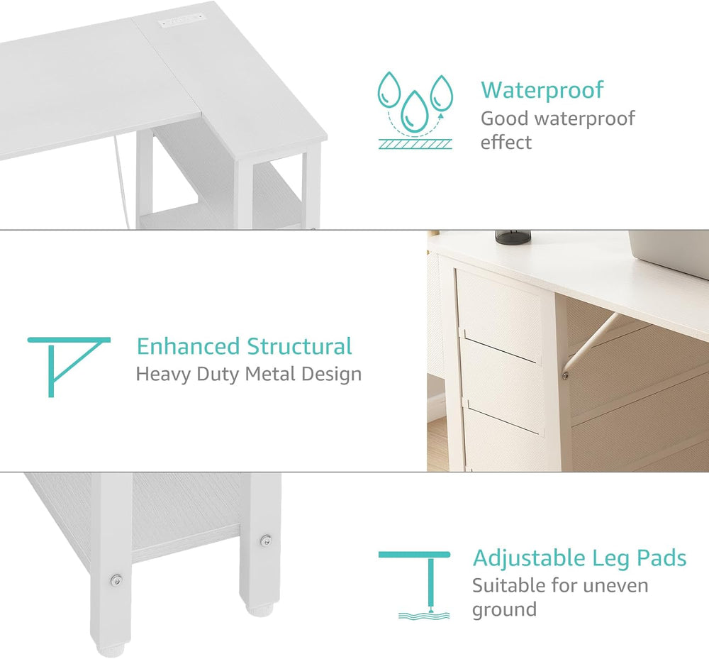 Lufeiya White L Shaped Computer Desk with Drawers & Storage Shelves, 47 I...