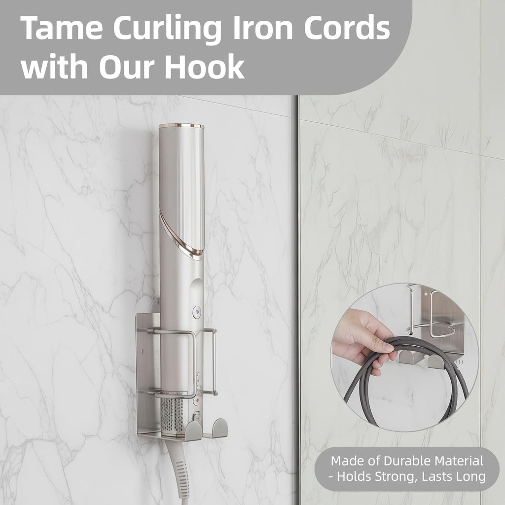 Curling Iron Holder, Stainless Steel Flat Iron Holder Wall Mount, Hair Straightener Holder for Bathroom Storage, Flat Iron Holder Wall Mount Space Saving Hair Tool Organizer Silver BANJEKT