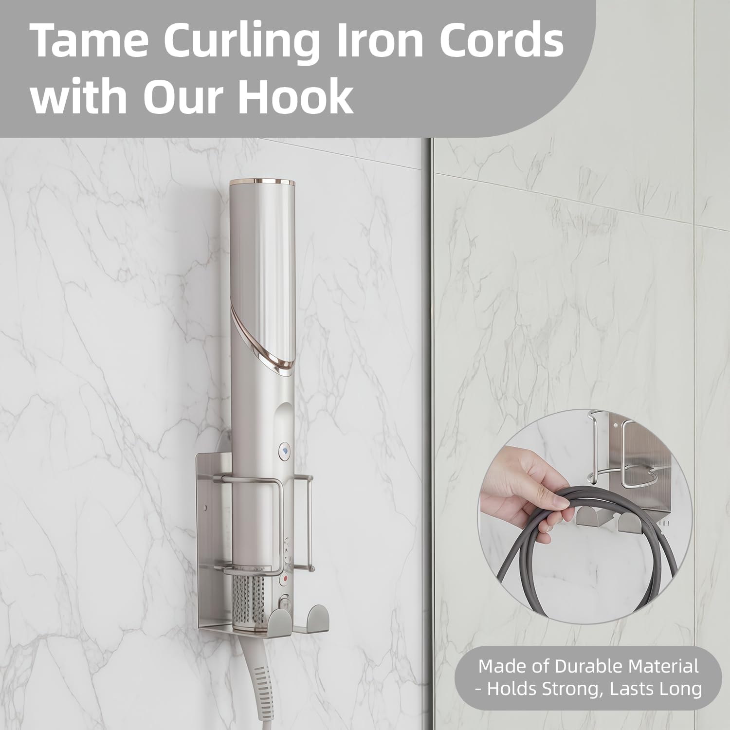 Curling Iron Holder, Stainless Steel Flat Iron Holder Wall Mount, Hair Straightener Holder for Bathroom Storage, Flat Iron Holder Wall Mount Space Saving Hair Tool Organizer Silver BANJEKT