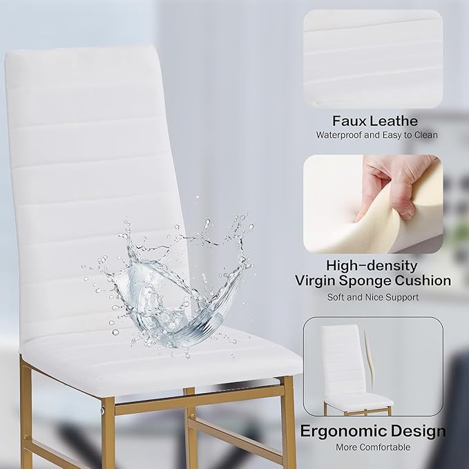 PU Dining Chairs Set of 4, Modern Kitchen & Dining Room Chairs Faux Leather Upholstered Dinner Chairs with Metal Legs for Small Space (Gold, Crossbar)