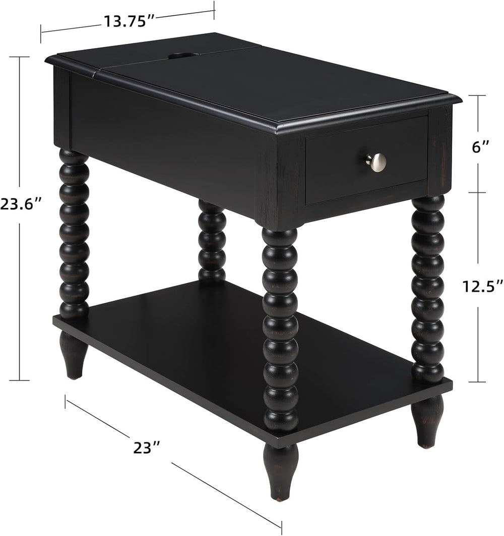 Solid Wood End Table with Charging Station & Drawer Shelf - Handcrafted S...