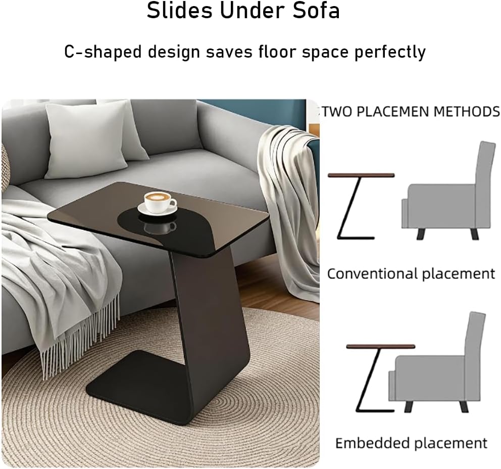 25.5-Inch High C-Shaped End Table with Tempered Glass Top & Black Metal F...