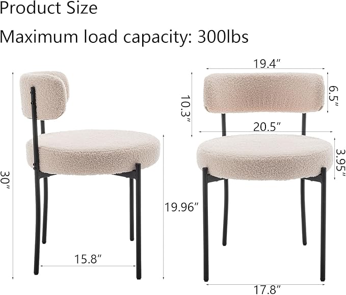 Boucle Dining Chairs Set of 2, Upholstered Dining Room Chairs with Black Meta...
