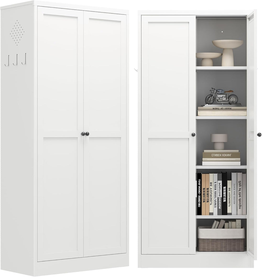 Kitchen Pantry Cabinet,White Metal Pantry Cabinet with 2 Doors & 4 Adjust...