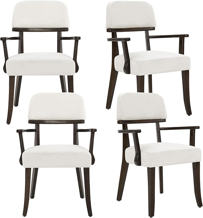 Modern Wood Dining Chairs with Arms Set of 4, Velvet Upholstered Kitchen Chairs with Open Curved Backrest & Black Hardwood Legs, Accent Chairs 350 LBS Capacity, White