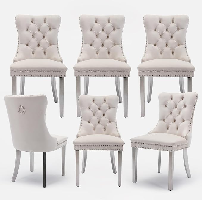 Velvet Upholstered Dining Chairs Set of 6, Modern Style Kitchen Side Chairs with Nailhead Trim and Silver Plated Leg, Metal Pulling Ring for Dining Room Living Room
