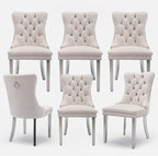 Velvet Upholstered Dining Chairs Set of 6, Modern Style Kitchen Side Chairs with Nailhead Trim and Silver Plated Leg, Metal Pulling Ring for Dining Room Living Room