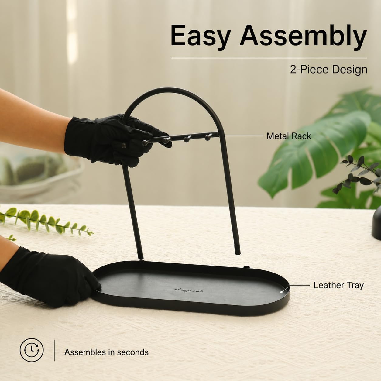 Shinpuru Key Holder Tray, Metal Stand with Leather Tray, 5 Hooks(Black) | Keys and Jewelry Organizer