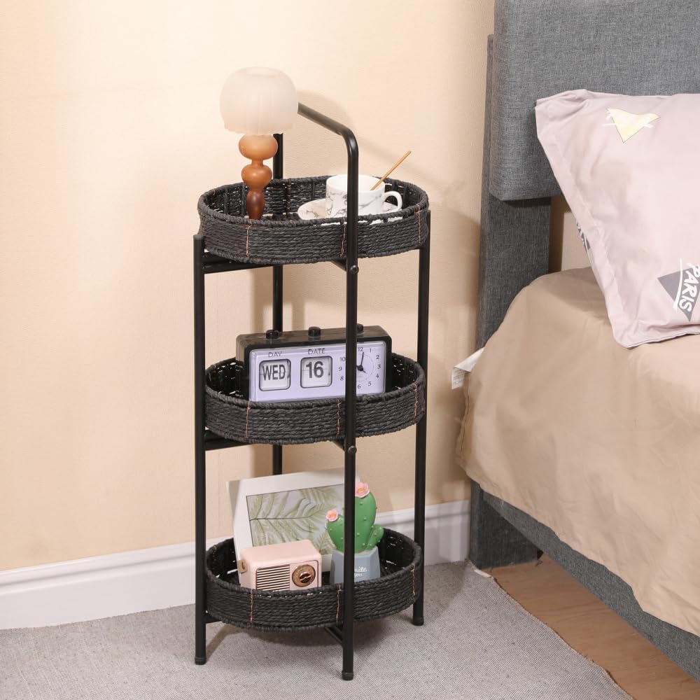 Small Handwoven Side Table 3-Tier Oval Storage Organizer, Wicker Shelf for Ki...