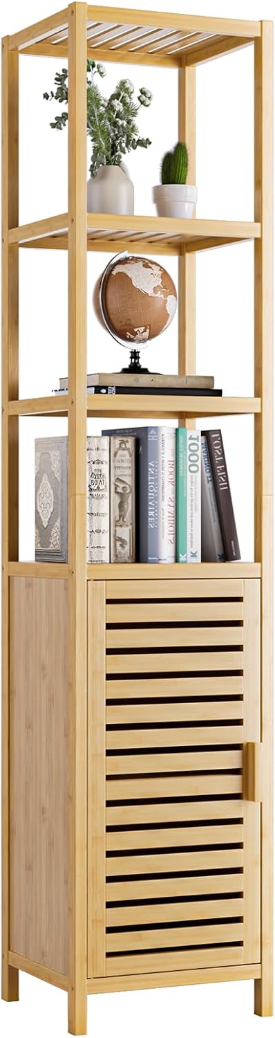 HITNET Bathroom Floor Cabinet, 6 Tier Tall Thin Linen Tower Storage Cabinet Free Standing Bamboo, Kitchen Side Organizer with 3 Shelves and Cupboard, Natural