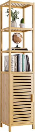 HITNET Bathroom Floor Cabinet, 6 Tier Tall Thin Linen Tower Storage Cabinet Free Standing Bamboo, Kitchen Side Organizer with 3 Shelves and Cupboard, Natural