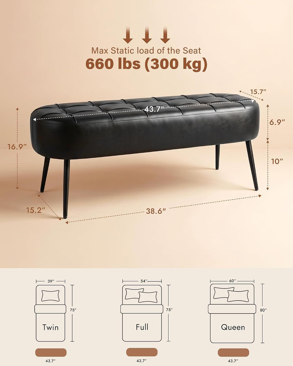 Entryway Bench, Modern PU Leather Upholstered End of Bed Bench Black | 43.7&q...