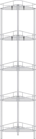 5 Tier Floor Standing Corner Shower Caddy Organizer Shelf with Hooks, Bathroom Shelves Stand Rack, Silver