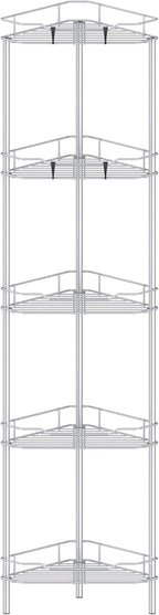5 Tier Floor Standing Corner Shower Caddy Organizer Shelf with Hooks, Bathroom Shelves Stand Rack, Silver