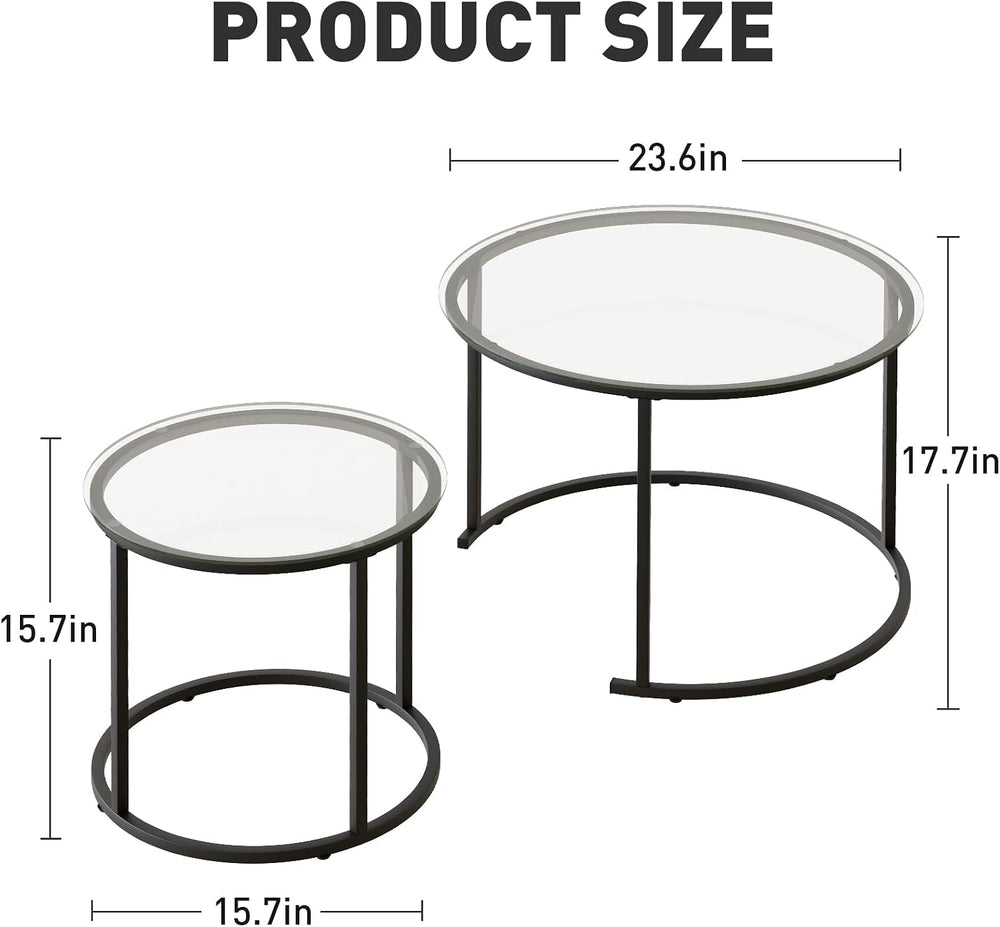 Nesting Coffee Table Set of 2,Modern Black Tempered Glass Side Table, Metal F...