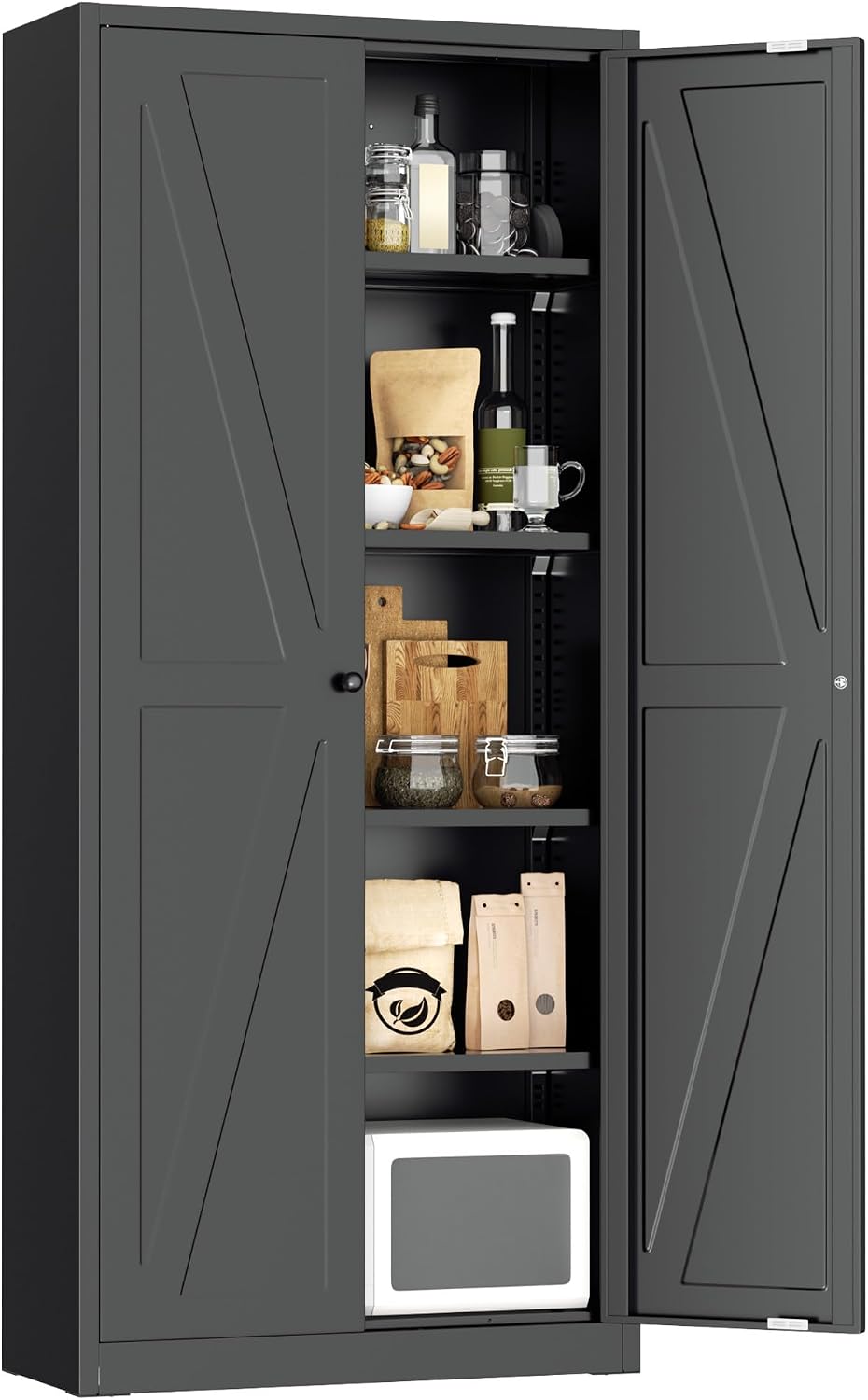 Greenvelly 63" H Black Farmhouse Metal Pantry Cabinet, Kitchen Pantry St...