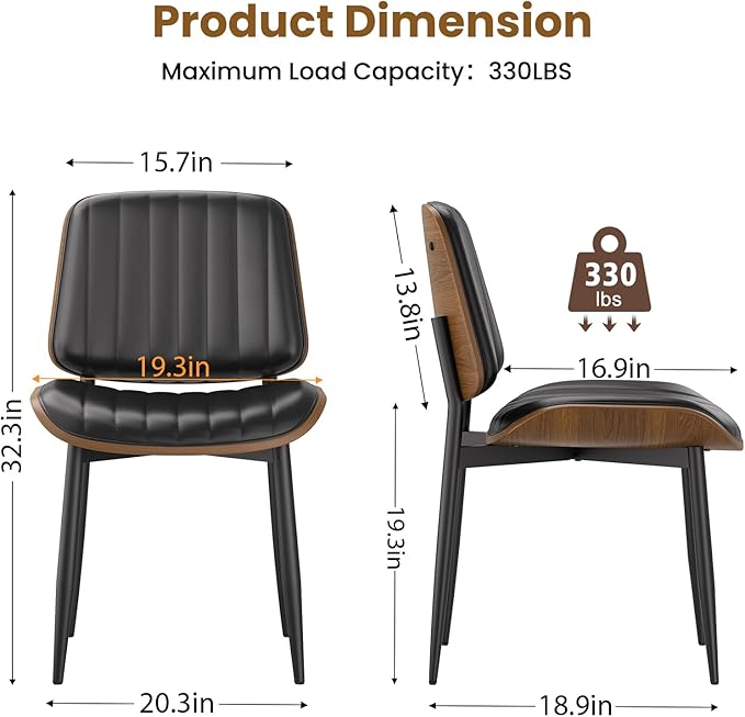 Dining Chairs Set of 6, FSC Certified Mid Century Modern Dining Room Kitchen Chairs, Upholstered PU Leather Vertical Stripe Chairs for Vanity with Walnut Bentwood and Metal Legs, Black