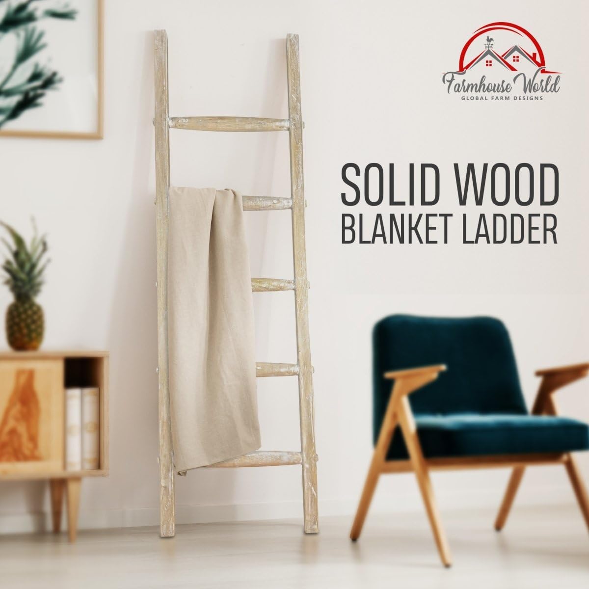 Blanket Ladder Wood Quilt Rack |5 ft Decorative Wooden Ladder | Rustic Ladder Decor for Living Room, Perfect Blanket Ladder Rack Stand & Holder, Ideal for Blankets, Throws, Quilts
