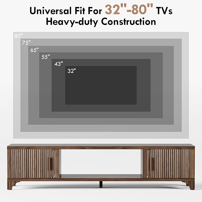 Mid Century Modern TV Stands for 65/70/75 Inch TV, Boho Media Console for Living Room, Fluted TV Entertainment Center with Storage, Wood Television Cabinet for Bedroom