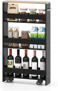 Small Kitchen Cart, 4-Tier Slim Rolling Island w/Handle, Laundry Room Storage Organizers Between Washer and Dryer, Narrow Spice Rack on Wheels Next to Fridge (Black, 5'')