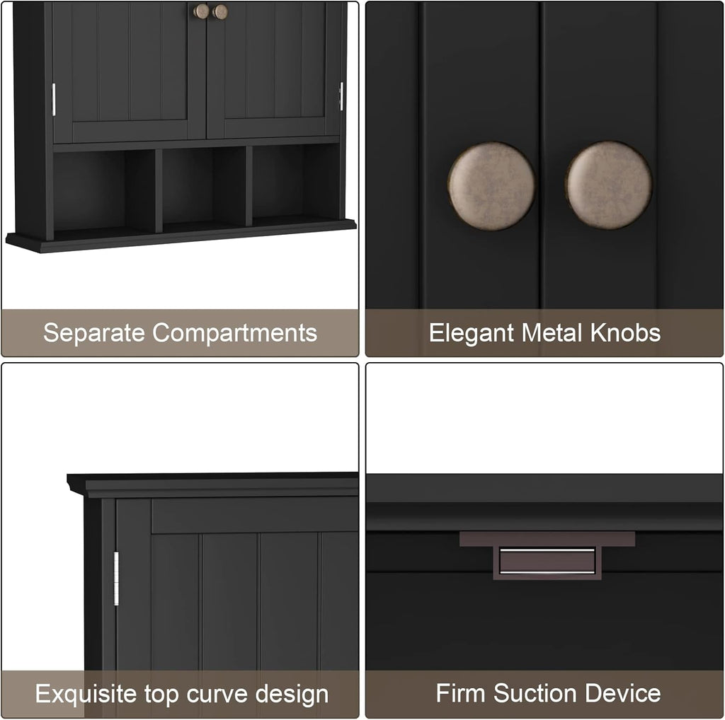 ChooChoo Bathroom Cabinet Wall Mounted 2-Door with 3 Open Shelves， Wooden Medicine Cabinets with Adjustable Shelf，Space Saver Storage Cabinets Over The Toilet for Bathroom&Living Room，Black