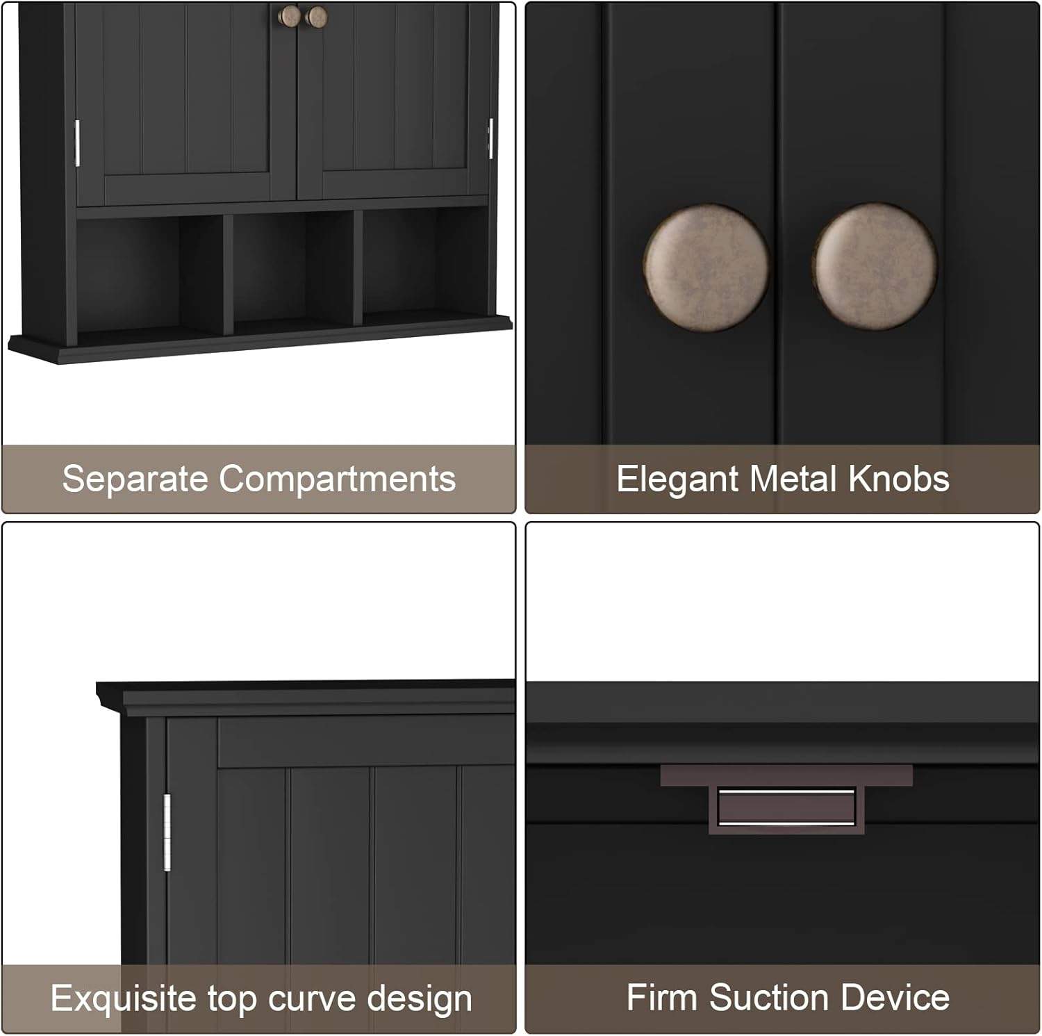 ChooChoo Bathroom Cabinet Wall Mounted 2-Door with 3 Open Shelves， Wooden Medicine Cabinets with Adjustable Shelf，Space Saver Storage Cabinets Over The Toilet for Bathroom&Living Room，Black