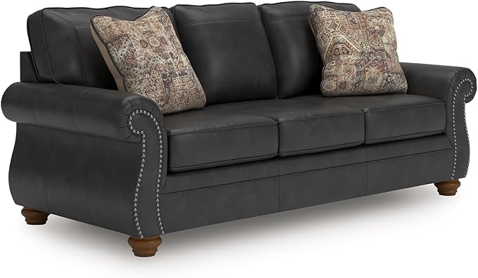 Signature Design by Ashley Shadsburne Rustic Faux Leather Sofa with Nailhead Trim and 2 Chenille Throw Pillows, Pillows With Soft Polyfill, Reinforced Frame For Added Stability, Black