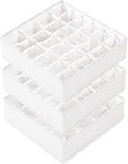 Criusia 3 Pack Sock Underwear Drawer Organizer Dividers, 64 Cell Fabric Foldable Cabinet Closet Organizers and Storage Boxes for Storing Socks, Panties, Ties (16+24+24 Cell, White)