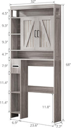 Over The Toilet Storage Cabinet with 6 Shelves, Farmhouse Bathroom Storage Cabinet with 2 Barn Door & Toilet Paper Holder Stand, Toilet Shelf with Adjustable Shelf for Bathroom Laundry