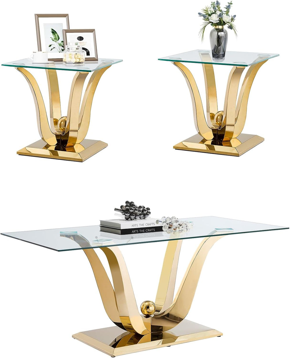 Modern Glass End Table Square Gold Living Room Table Sofa Side Table with 0.4...