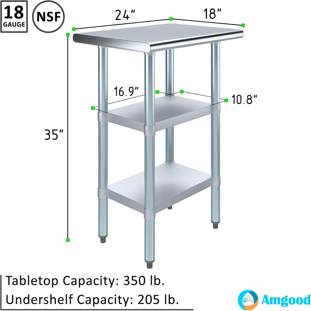 AmGood Stainless Steel Work Table with 2 Shelves | NSF | Metal Utility Table (24" Long x 18" Deep)