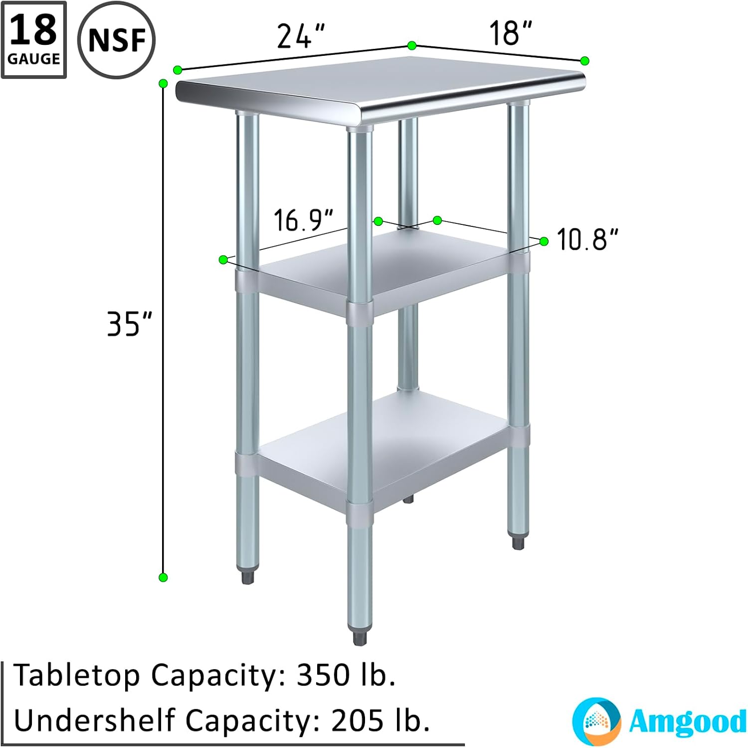 AmGood Stainless Steel Work Table with 2 Shelves | NSF | Metal Utility Table (24" Long x 18" Deep)
