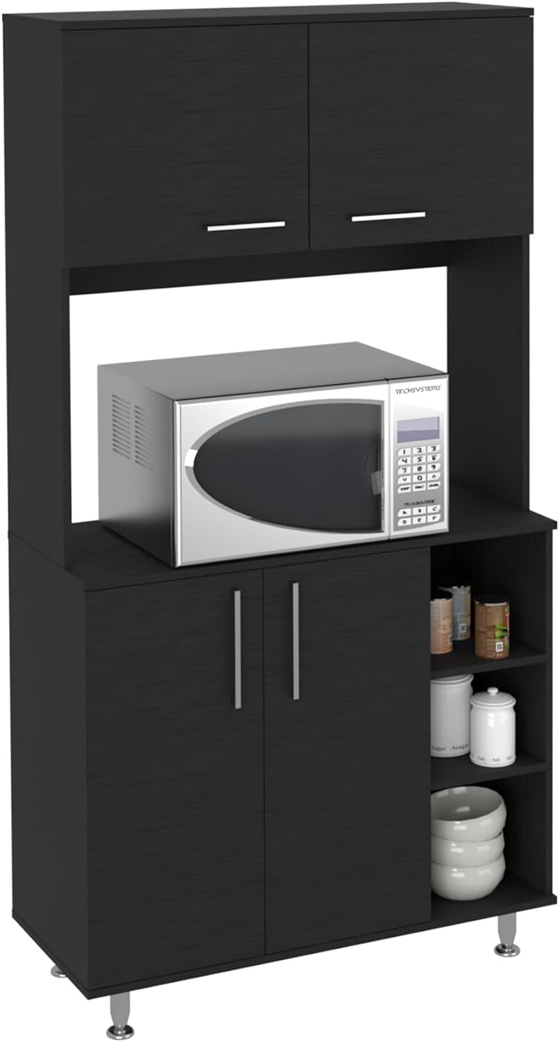 Kitchen Pantry Double Door Cabinet, Four Legs, Three Shelves, Black